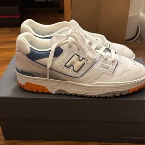 New Balance 550 White and Navy Sneakers with Orange Soles